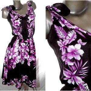 HAWAIIAN DRESS Aloha Black w/ Purple Hibiscus Floral Orchid Hawaii Summer Sun S